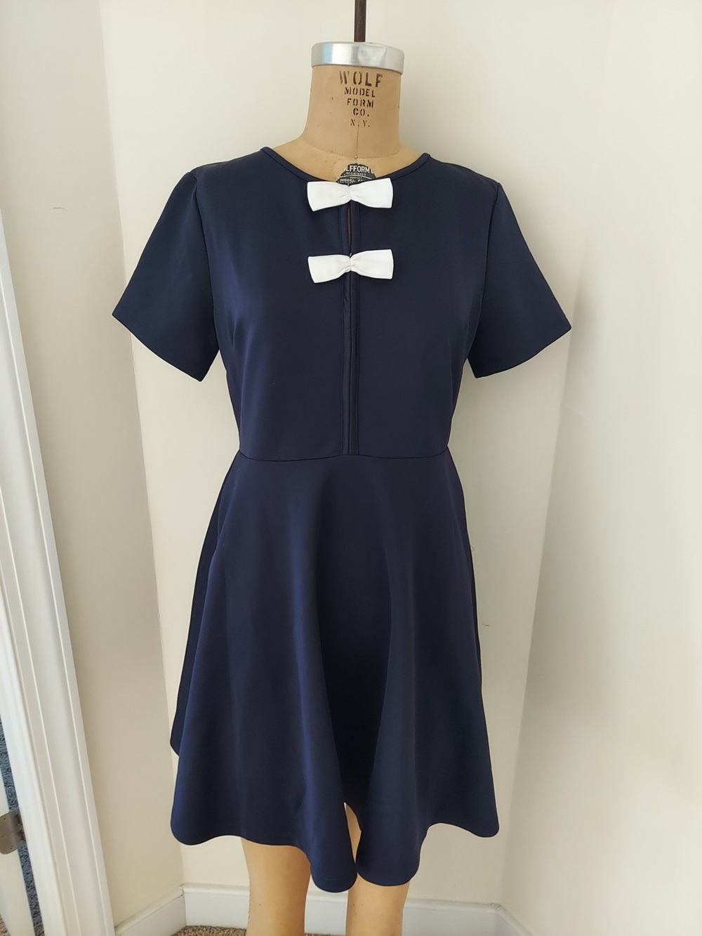 Navy Short-Sleeve Fit & Flare Mini Dress with White Bow Details